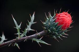 Macro Close-Up of Red Thistle Flower Bud with Sharp Spines - Nature, Botany, Floral Photography photo