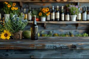 Rustic Wine Bar with Flower Arrangements and Bottles - Perfect for Spring and Summer Poster Design photo