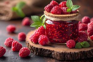Homemade Raspberry Jam in Rustic Jar on Wooden Slice Perfect for Seasonal Recipes or Food Photography photo