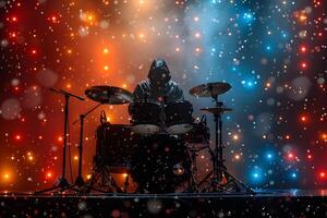 Mysterious Drummer on Stage with Colorful Bokeh Lights - Concert, Music Performance, Dramatic Lighting photo