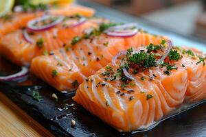Freshly Sliced Raw Salmon with Herbs and Red Onions - Perfect for Sushi Preparation and Gourmet Dishes photo