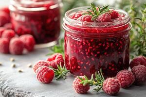 Raspberry jam with fresh raspberries and rosemary sprigs on white rustic table photo