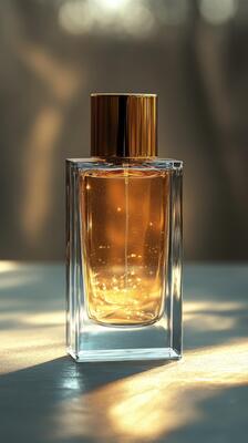 Transparent perfume bottle casting a shadow on a tabletop