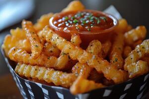 Basket of french fries sprinkled with parsley being served with ketchup photo