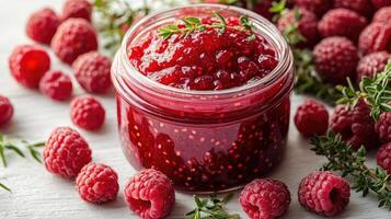 Raspberry jam with fresh raspberries and rosemary sprigs on white rustic table photo