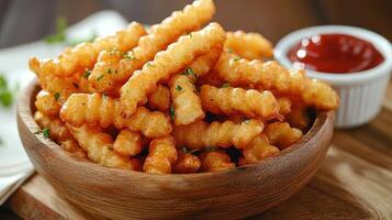 Basket of french fries sprinkled with parsley being served with ketchup photo