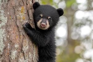 Black bear cub peeking around tree trunk in forest photo