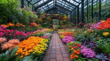 Cobblestone path winding through a lush garden bathed in sunlight photo