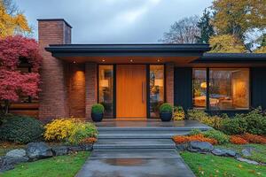 Luxurious mid-century modern home with lights illuminating the windows at dusk photo