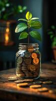 Small tree growing from coins in glass jar symbolizing investment photo