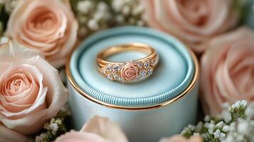 Golden engagement ring with diamonds and rose design resting in a blue velvet ring box surrounded by roses photo