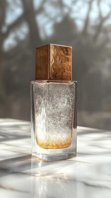 Transparent perfume bottle casting a shadow on a tabletop
