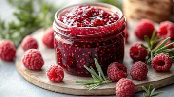 Raspberry jam with fresh raspberries and rosemary sprigs on white rustic table photo