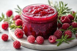 Raspberry jam with fresh raspberries and rosemary sprigs on white rustic table photo