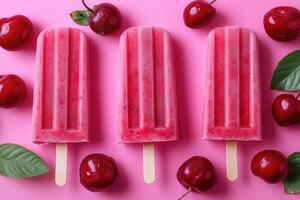 Three cherry ice cream pops lying on pink background with cherries photo