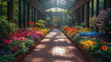 Cobblestone path winding through a lush garden bathed in sunlight photo