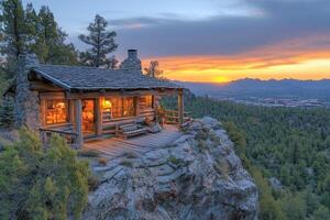 Rustic log cabin perched on a mountain cliff at sunset photo