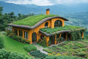 Modern earthen house with green roof blending with nature photo