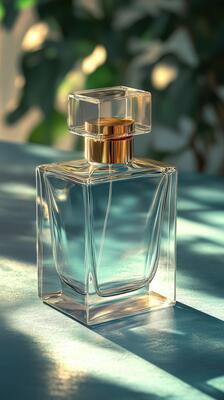 Transparent perfume bottle casting a shadow on a tabletop