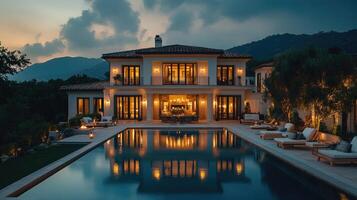 Beautiful luxury home with infinity pool reflecting milky way galaxy photo