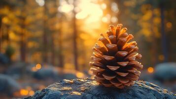 Pine cone resting on frosty autumn leaves at sunset photo