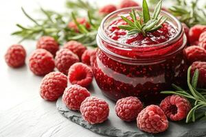 Raspberry jam with fresh raspberries and rosemary sprigs on white rustic table photo