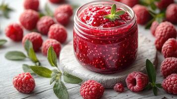 Raspberry jam with fresh raspberries and rosemary sprigs on white rustic table photo