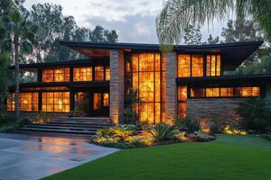 Modern custom luxury home exterior with stained glass windows at twilight photo
