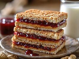 Stack of toasted sandwiches with peanut butter and jelly filling photo