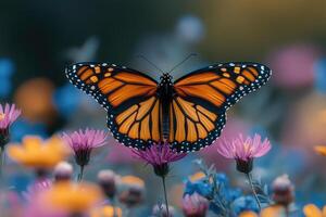 Monarch butterfly perched on a purple flower gathering nectar photo