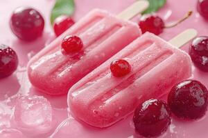 Cherry ice cream pops lying on pink background with cherries photo