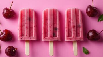 Three cherry ice cream pops lying on pink background with cherries photo