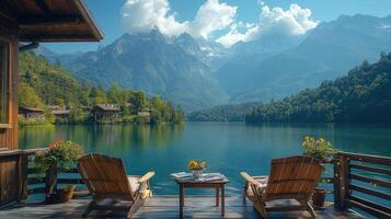 Wooden chalet overlooking a pristine lake with majestic mountain views photo