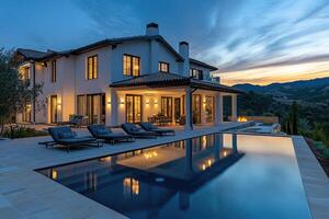 Beautiful luxury home with infinity pool reflecting milky way galaxy photo