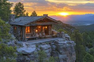 Rustic log cabin perched on a mountain cliff at sunset photo