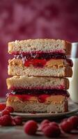 Stack of toasted sandwiches with peanut butter and jelly filling photo