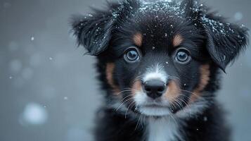 Australian shepherd puppy posing during a snowfall photo