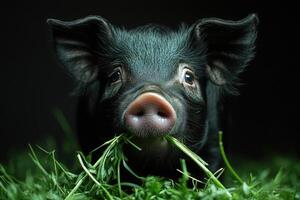Black piglet enjoying fresh grass on black background photo