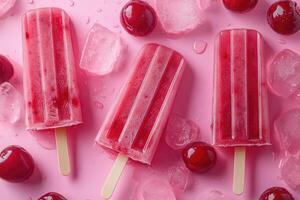 Three cherry ice cream pops lying on pink background with cherries photo