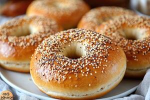 Freshly baked sesame seed bagels resting on a plate photo