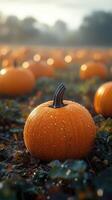 Bright orange pumpkin getting wet in pumpkin patch on rainy autumn day photo