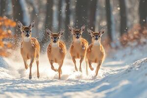 Herd of young deers running through snowy forest photo
