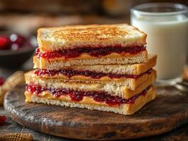 Stack of toasted sandwiches with peanut butter and jelly filling photo