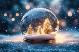 Christmas snow globe sitting on a snowy window sill with pine cones and string lights photo