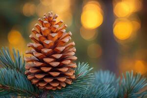 Pine cone resting on frosty autumn leaves at sunset photo