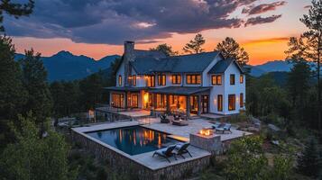 Beautiful luxury home with infinity pool reflecting milky way galaxy photo