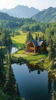 Luxurious log cabin reflecting in a serene mountain lake surrounded by forest photo