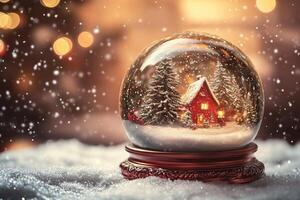Snow globe showing red house surrounded by snow covered trees and falling snow photo