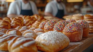Freshly baked breads cooling on table in bakery with bakers working photo