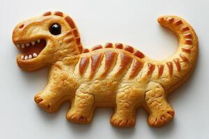 Smiling dinosaur cookie resting on white background photo